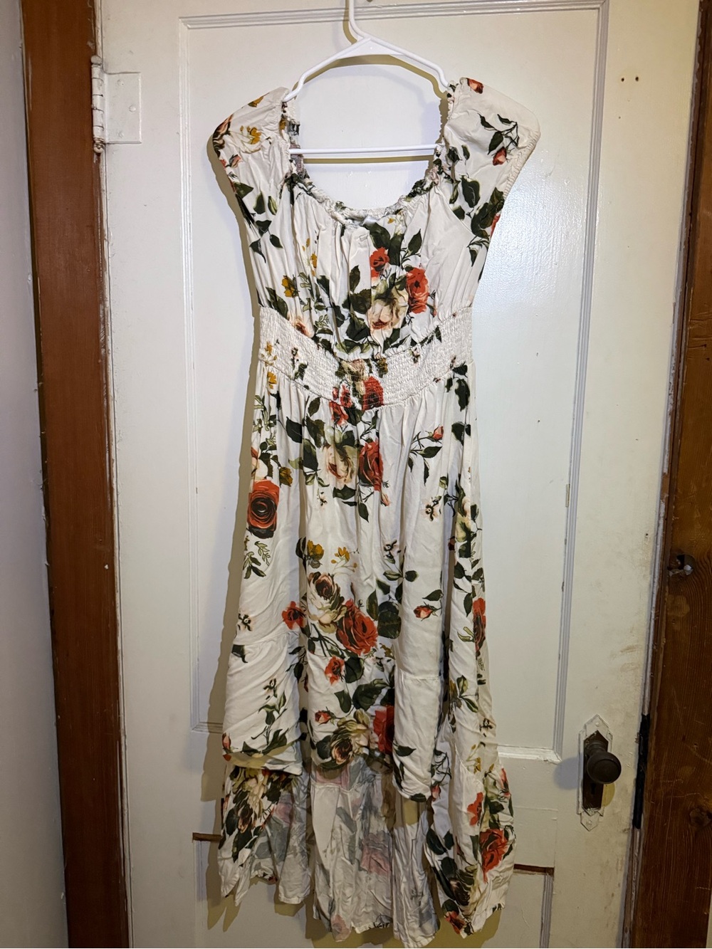 Floral Smocked Waist White Midi Dress with Red Rose Print